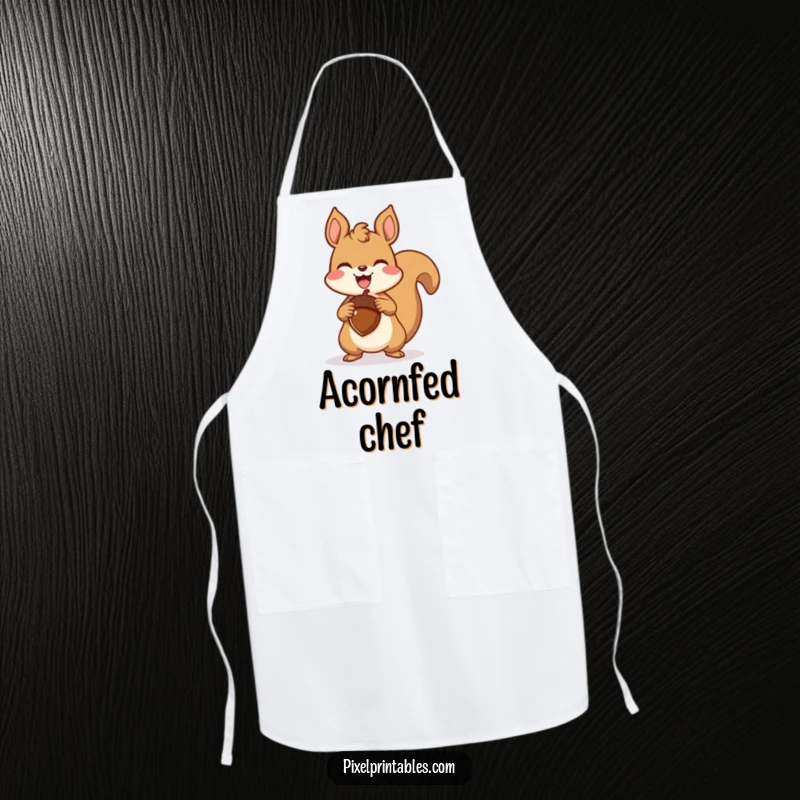 Funny pixelated squirrel triumphantly holding a pixelated acorn on a kitchen apron, a retro gaming design for celebrating kitchen wins.