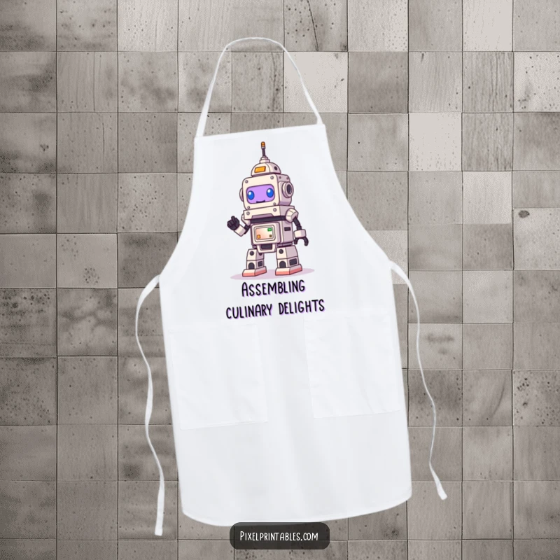Funny Robot Apron, a smiling bot building pixel art, ideal for kitchen creators and tech lovers.