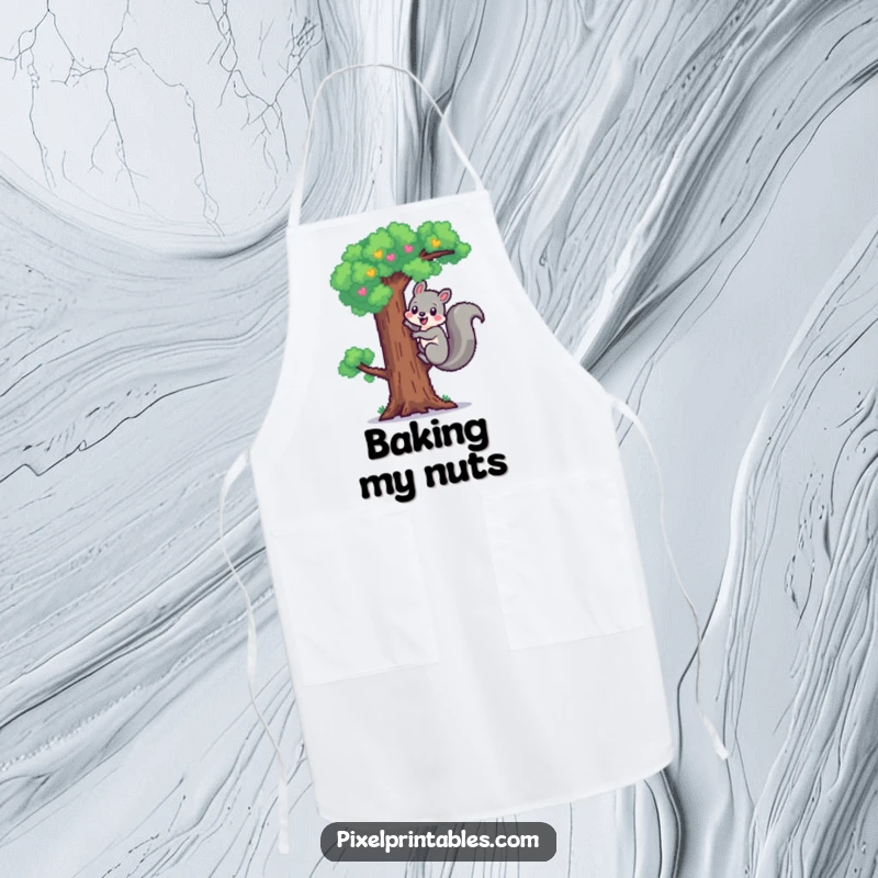 Funny Pixel Squirrel Apron: Cheerful pixelated squirrel climbing a pixel tree, kitchen humor pixel art.