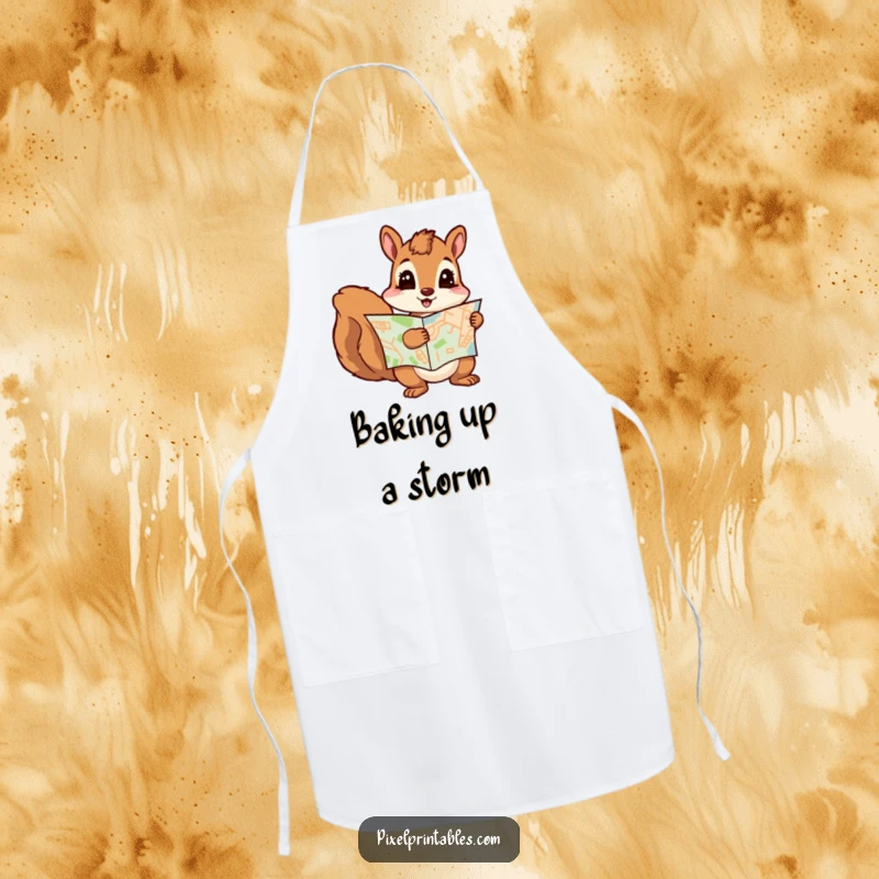 Funny squirrel wearing an apron, holding a pixelated map, ready to cook. Humorous kitchen accessory and funny gift.