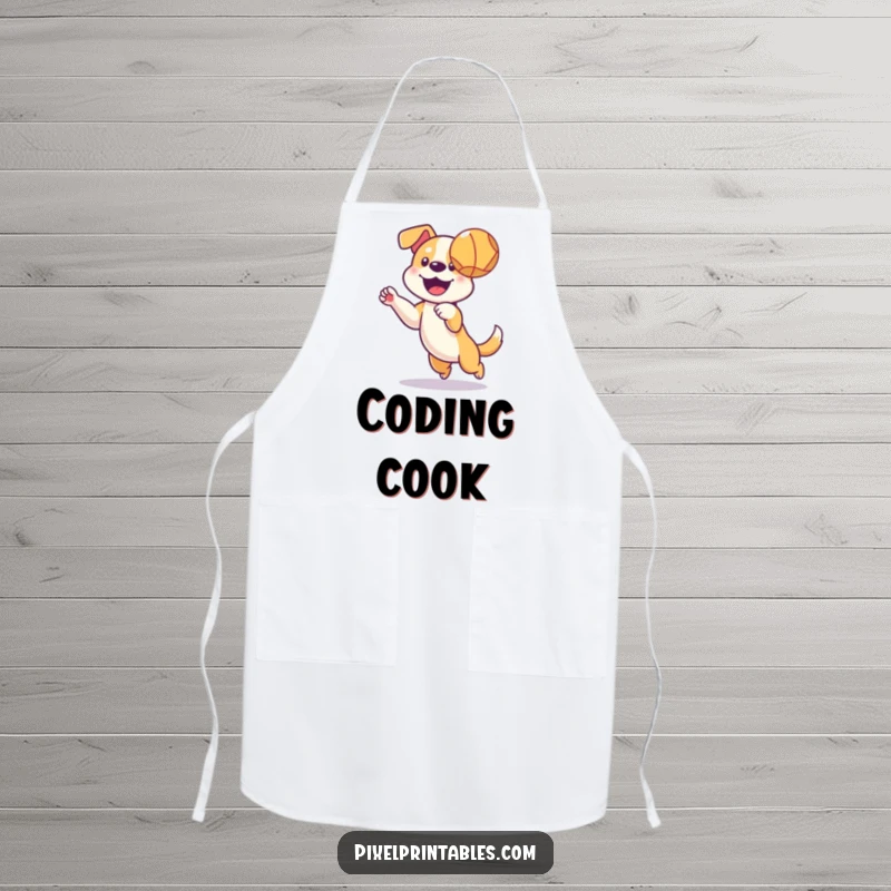 Funny apron depicting a pixelated dog catching a ball, designed for retro gamers who enjoy kitchen humor.