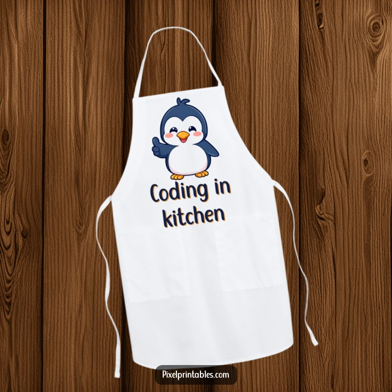 Funny apron featuring a playful pixelated penguin giving a pixelated thumbs up, perfect for adding retro gaming fun to cooking.