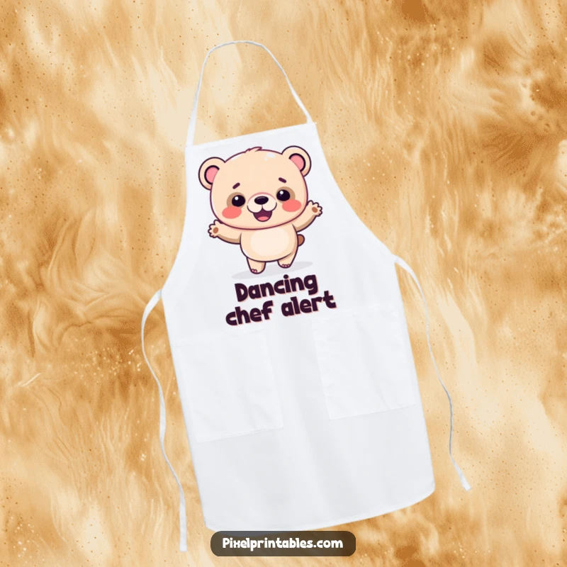 Funny pixel bear apron with a giggling pixelated bear doing a silly dance, perfect for kitchen dance parties.