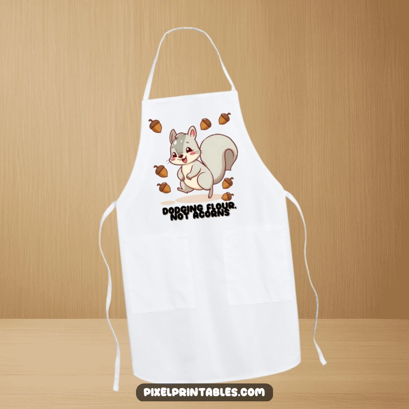 Funny squirrel character in a retro pixel art style, dodging acorns while cooking, a humorous and functional apron.