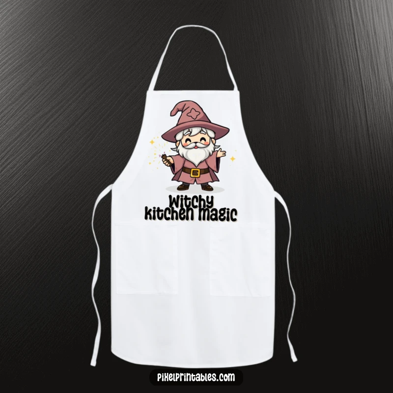 Funny blocky wizard character casting a sparkly spell, chef's apron design, fantasy kitchen.
