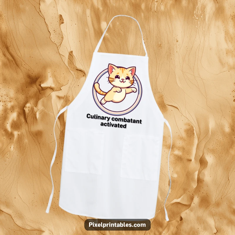 Funny apron depicting a pixelated cat leaping through a pixelated hoop, designed for humorous kitchen sessions and retro gamers.