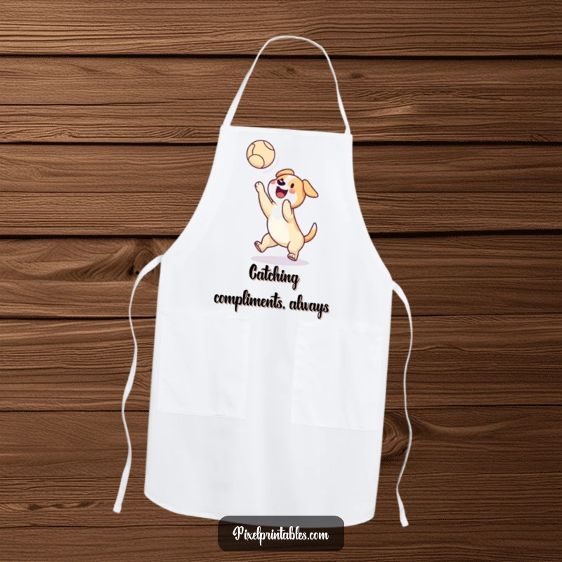 Funny apron depicting a pixelated dog catching a pixelated ball mid-air, designed for humorous kitchen sessions and retro gamers.