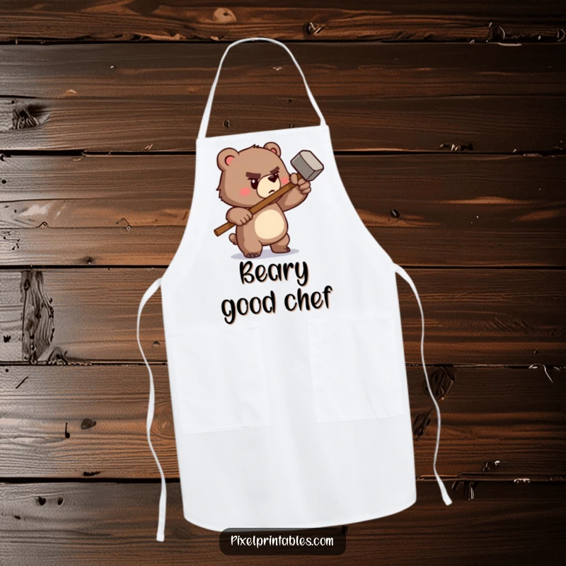 Funny apron featuring a determined pixelated bear wielding a tiny pixelated hammer, perfect for adding retro DIY fun to cooking.