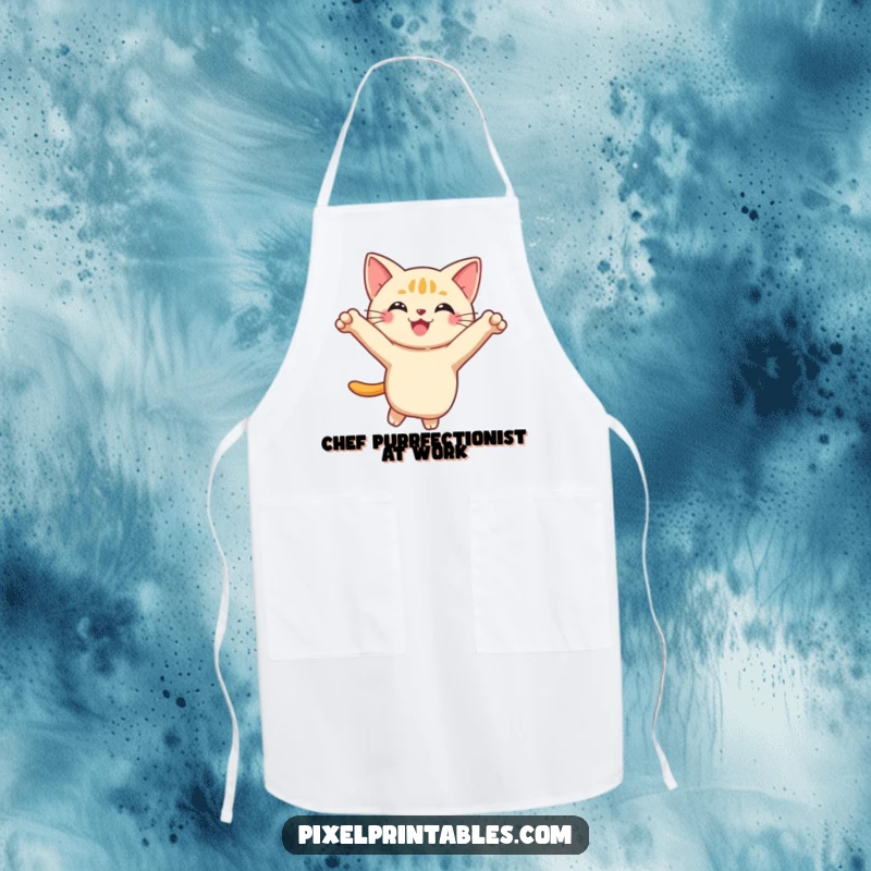 Funny Pixel Cat Apron showing a smiling, pixelated cat performing a playful leap, combining kitchen practicality with adorable feline humor.