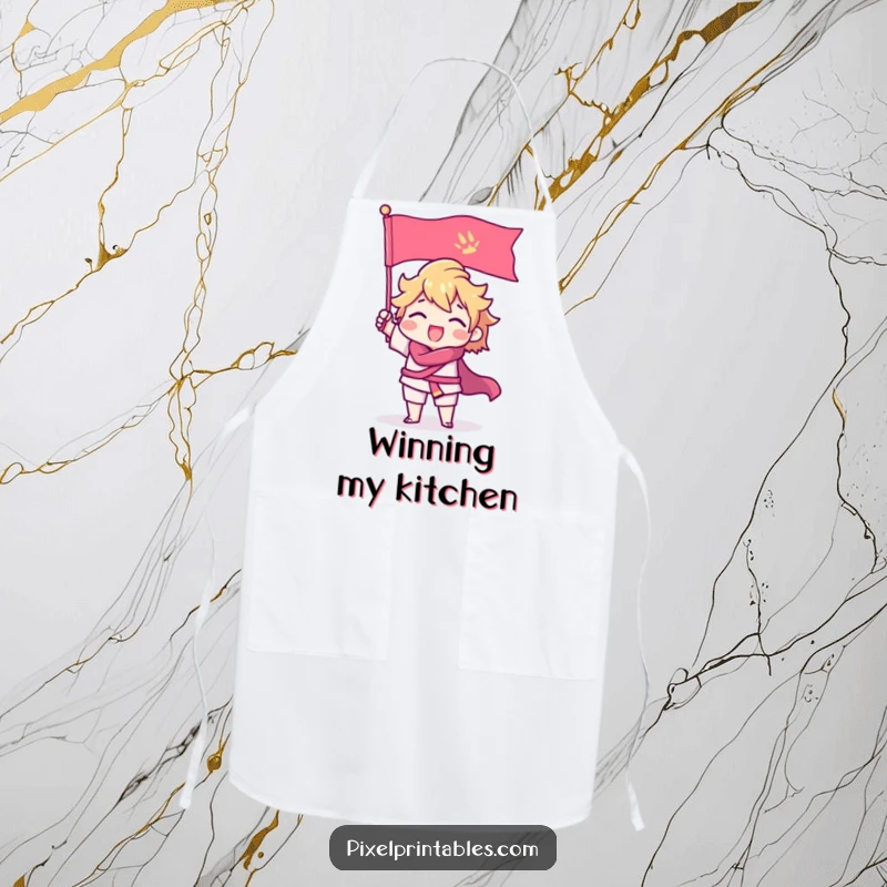 Funny Apron showing a triumphant pixel character with sharp edges raising a pixel flag, perfect for kitchen adventures.