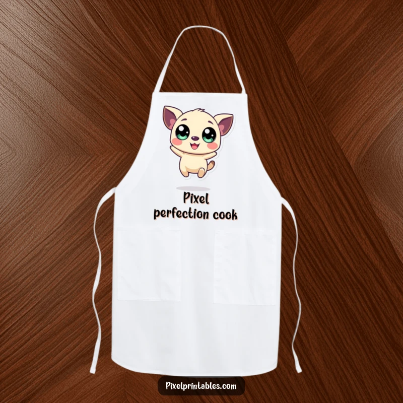 Funny kitchen apron with a happy, jumping pixelated creature with large eyes, ideal for retro cooking fun.