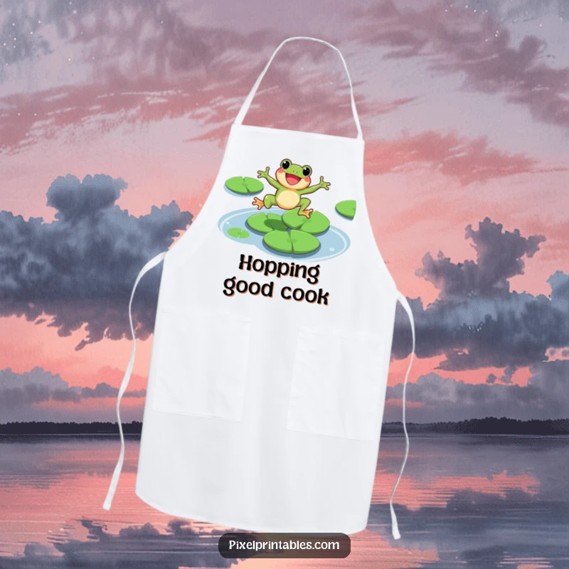 Funny pixel frog character leaping across lily pads, chef's apron design, retro gaming kitchen.