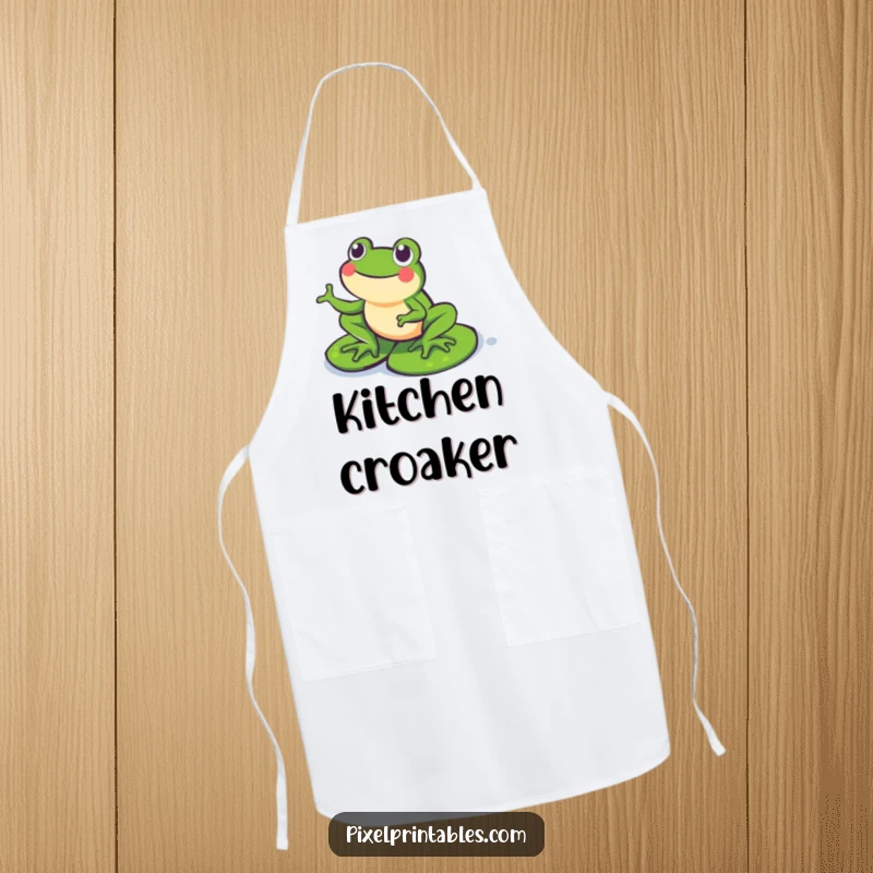 Funny Pixel Frog Apron: A happy pixelated frog hopping on pixel lily pads, ideal for whimsical kitchen fun.