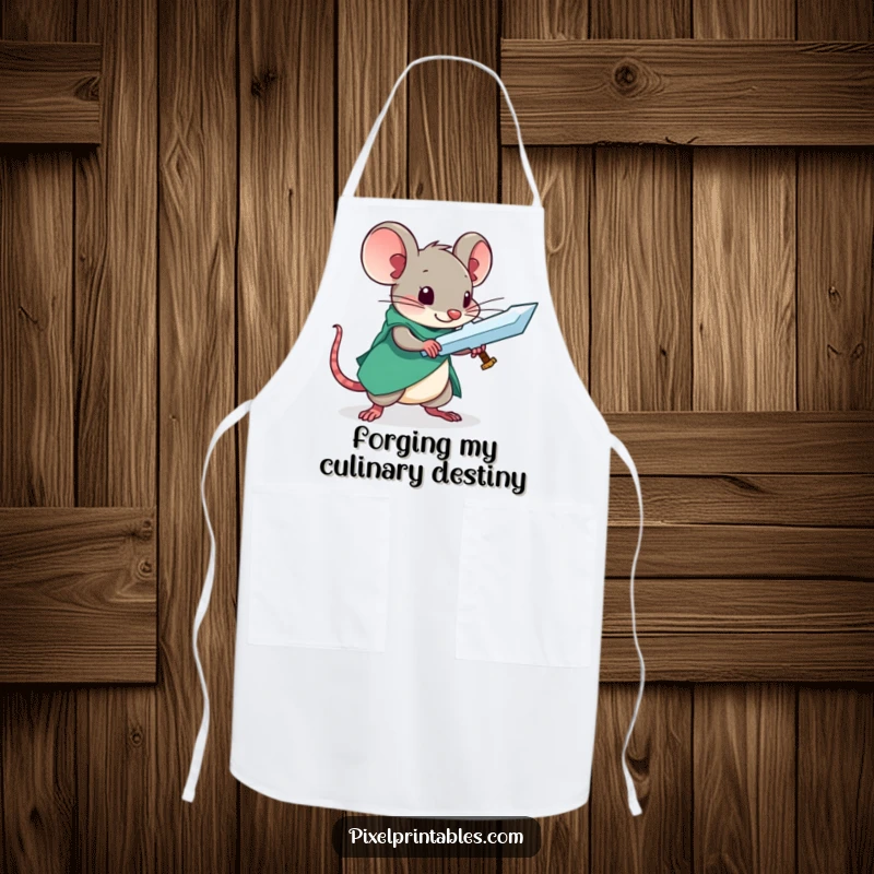Funny apron featuring a curious mouse meticulously crafting a pixel sword, a playful kitchen accessory.
