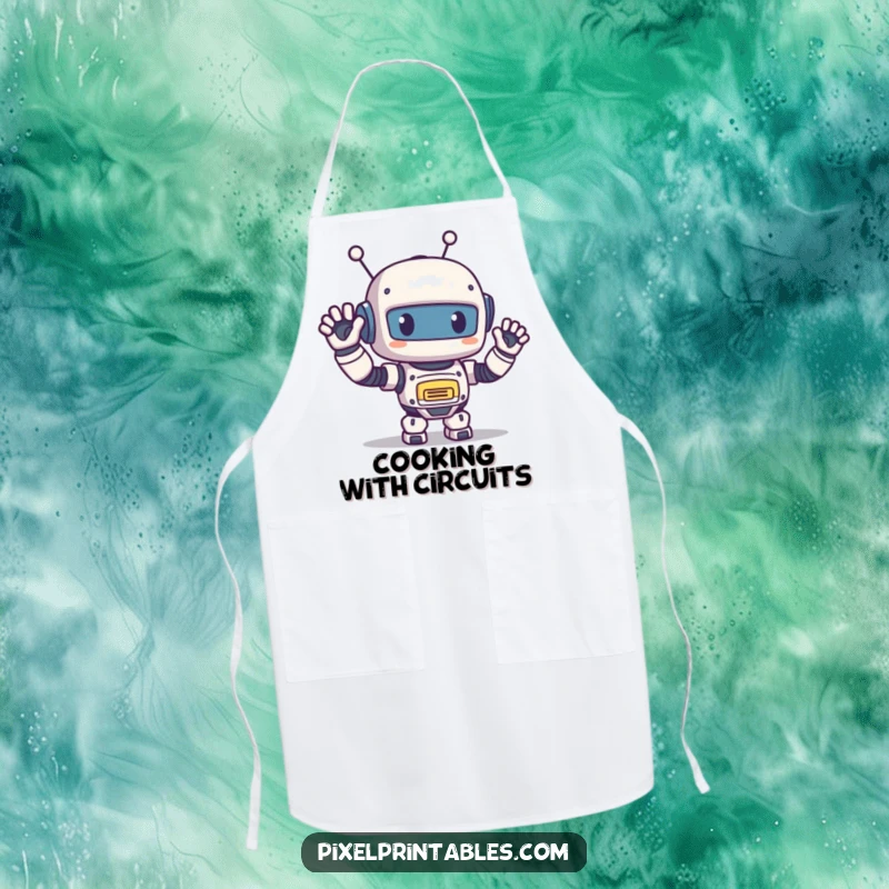 Funny Pixel Robot Apron: Cute pixelated robot waving happily while cooking, retro kitchen humor design.