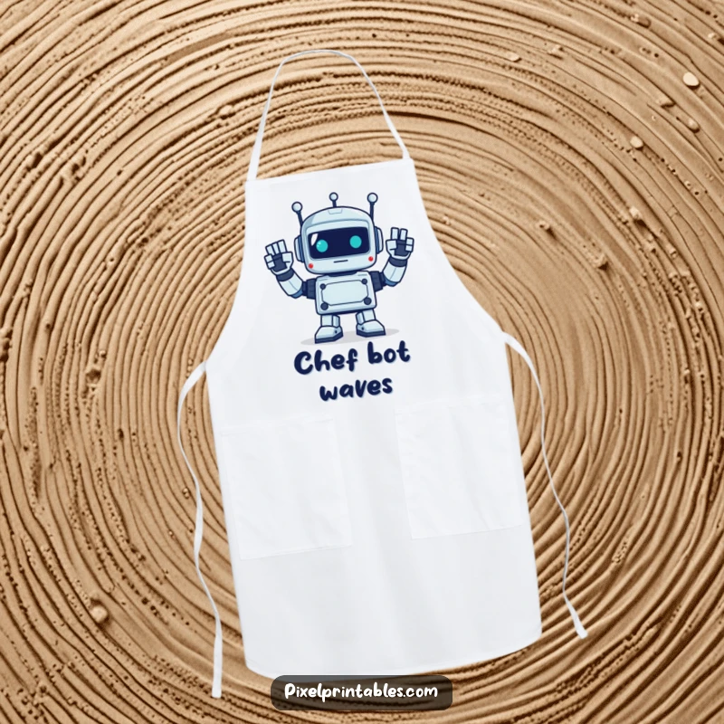 Funny kitchen apron with a pixelated robot enthusiastically waving with square hands, ideal for retro cooking fun.