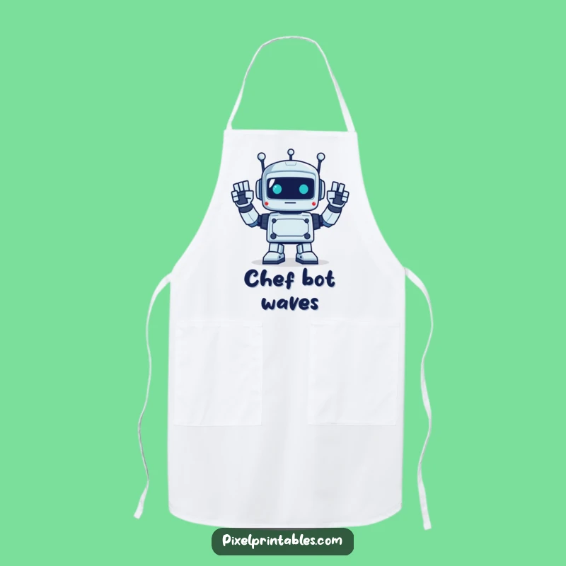 Funny Pixel Robot Waving Apron - Retro Kitchen Greeting Gift!