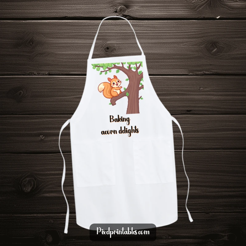 Funny Pixel Squirrel Apron showing a cheerful, pixelated squirrel climbing a pixelated tree, combining kitchen practicality with woodland humor.