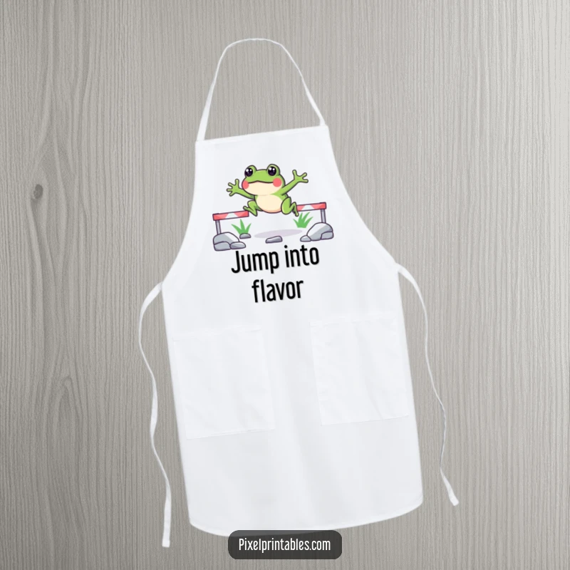 Funny pixelated frog apron showing a happy frog jumping over pixelated obstacles, perfect for kitchen quests and gaming chefs.
