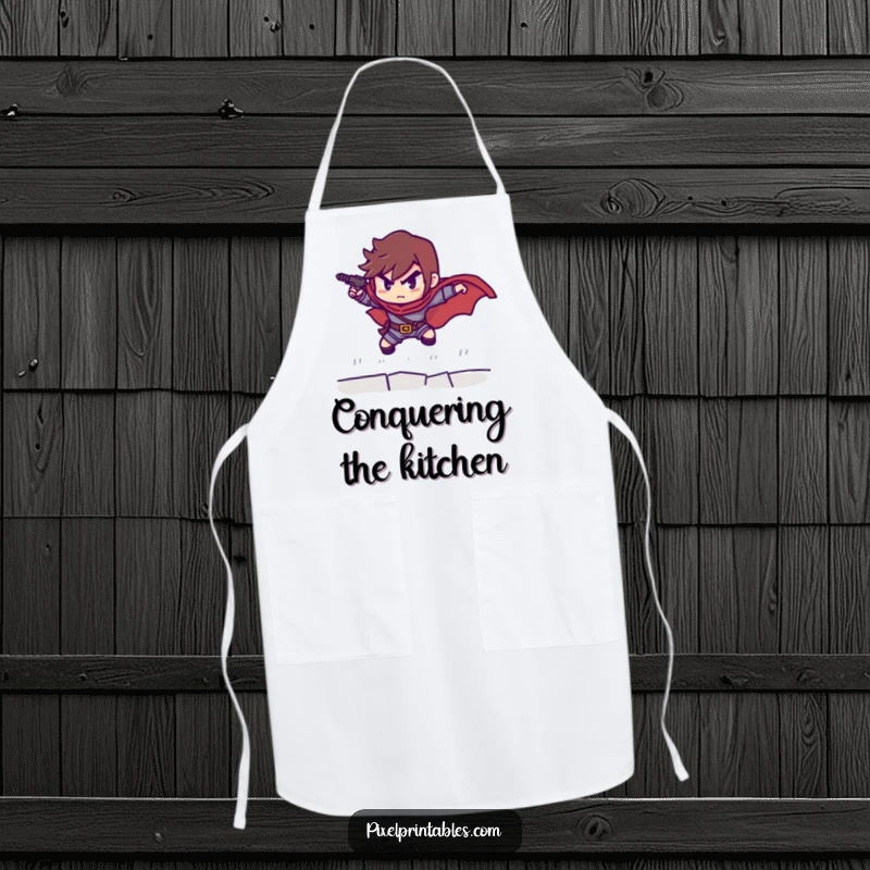 Funny apron depicting a determined pixelated hero preparing to leap, ideal for a chef or gamer in the kitchen.