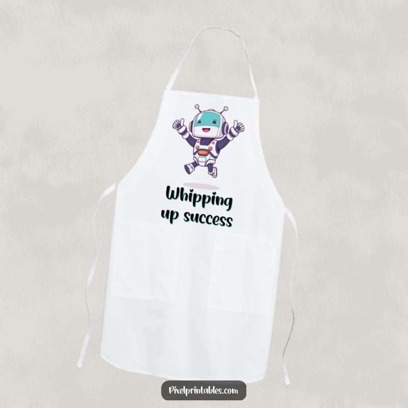 Funny jumping robot apron with a cute character cheering excitedly, ideal for kitchen use and hobbyists.