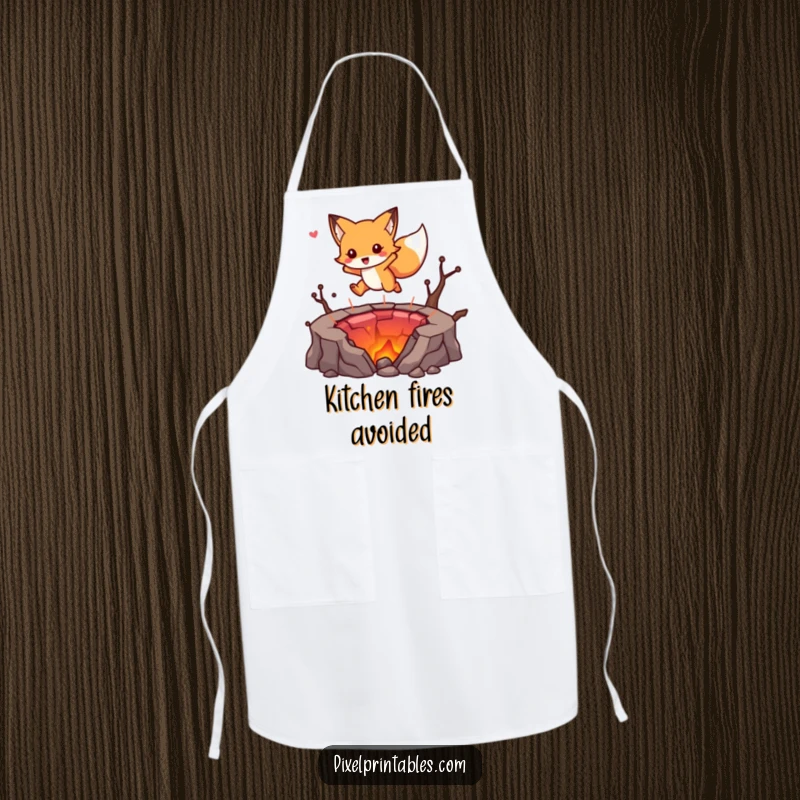 Funny apron with a cute fox character jumping over a pixelated lava pit, ideal for protecting clothes during kitchen adventures.
