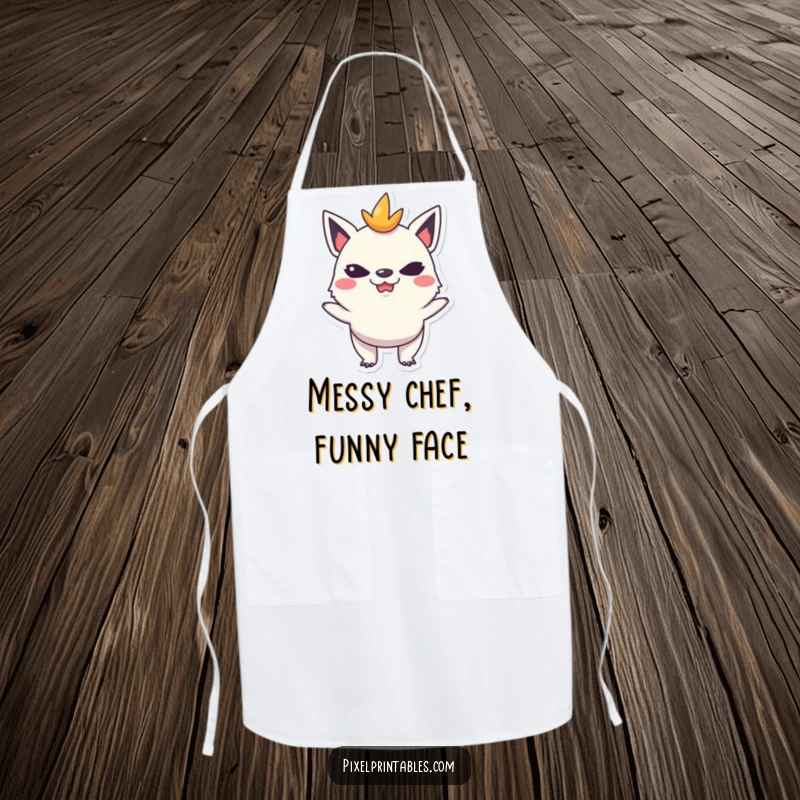 Funny apron showcasing a mischievous pixelated creature making a funny face, perfect for kitchen fun and cooking.