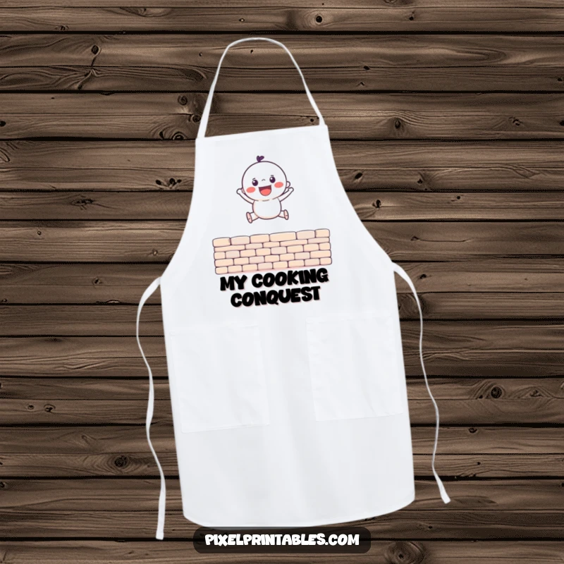 Funny Apron depicting a gleeful pixel character leaping over a pixel wall, ideal for cooking and humorous retro kitchen wear.