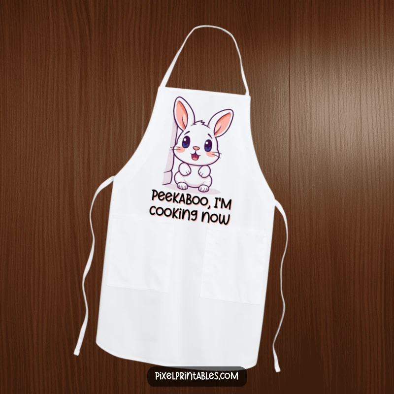 Funny pixelated rabbit peeking around a corner, surprised expression, retro pixel art apron, kitchen accessory.