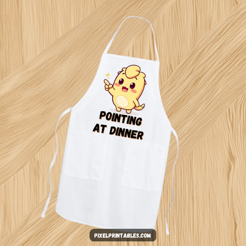 Funny apron featuring an enthusiastic pixelated character pointing. Adds fun to kitchen activities.
