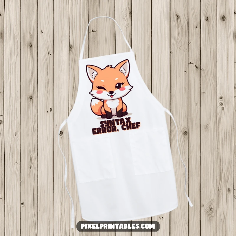 Funny Pixel Fox Apron: Mischievous pixelated fox winks playfully, adding retro gamer humor to your kitchen adventures.