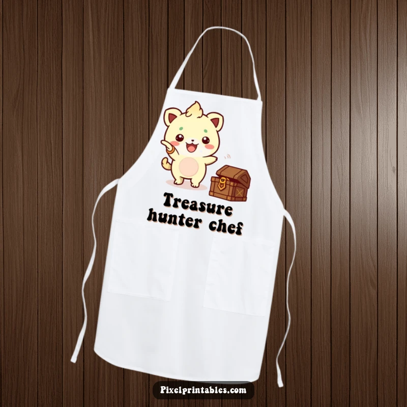 Funny Pixel Creature Treasure Apron, a cute pixelated creature pointing to a treasure chest, designed for the kitchen.