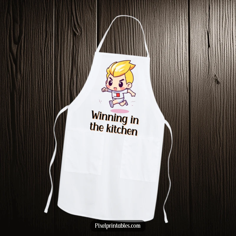 Funny apron showing a determined pixel character with bold outlines in a pixel race, perfect for culinary competitions.