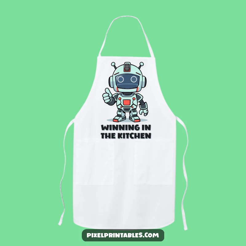 Funny Pixel Robot Thumbs Up Apron - Triumphant Kitchen Wear