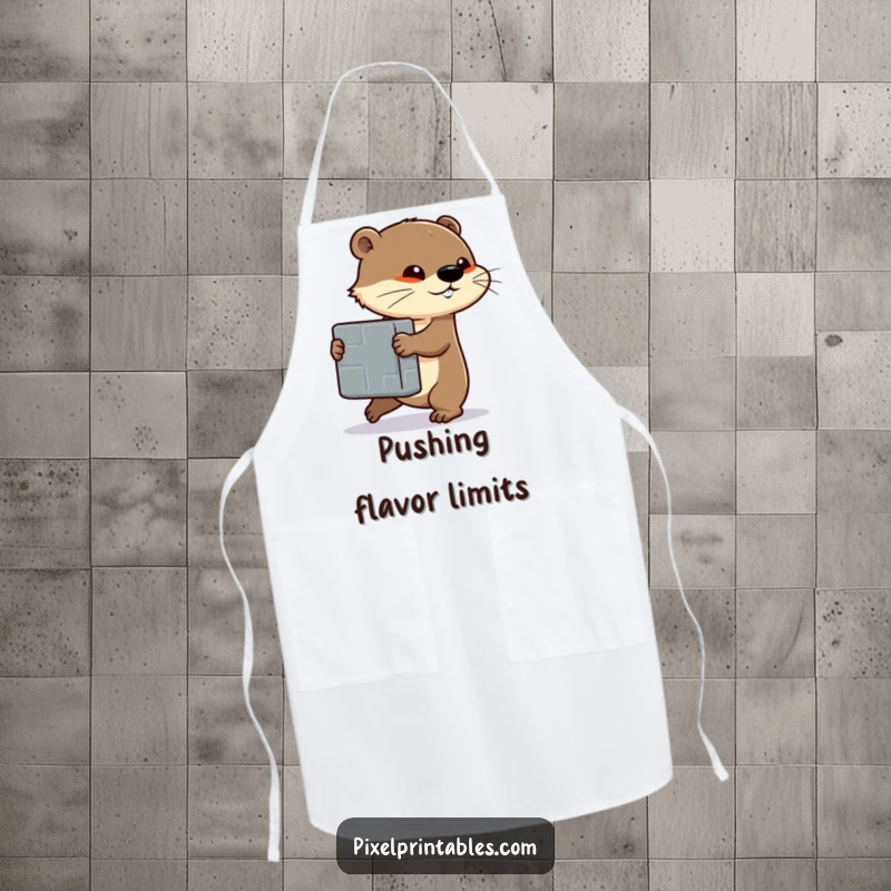 Funny apron with a determined otter pushing a large pixelated block, perfect for protecting clothes during tough tasks.
