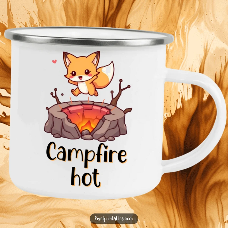Funny camping mug showing a cute fox character jumping over a pixelated lava pit, designed for outdoor gaming enthusiasts.