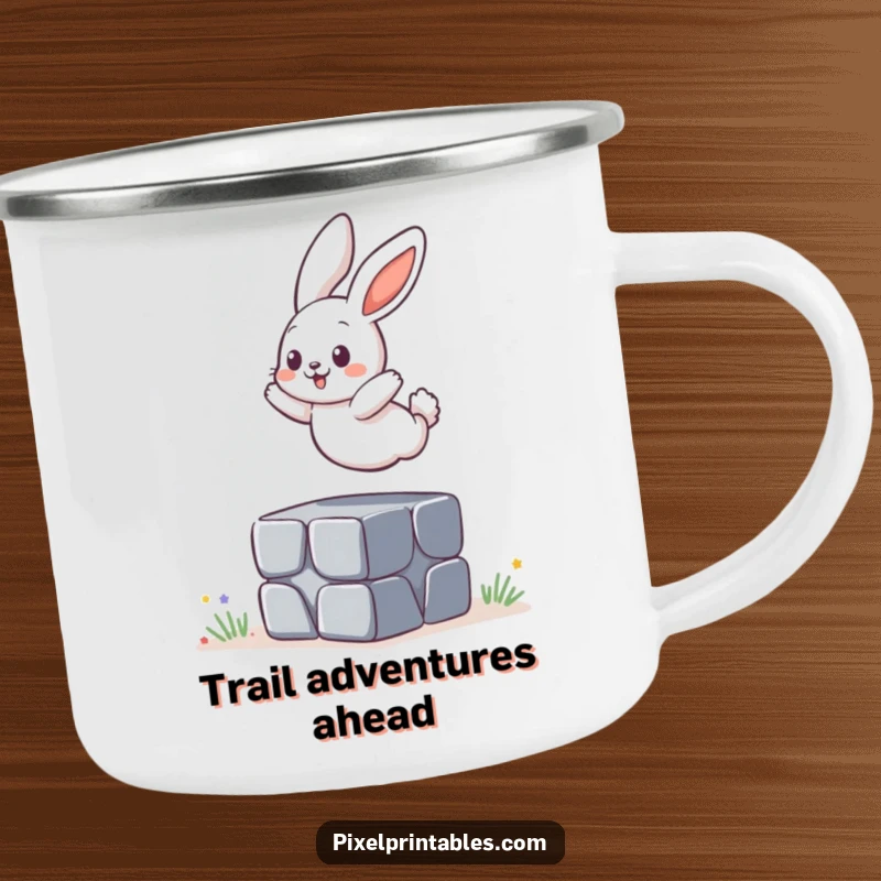 Funny Camping Mug: A playful bunny jumping over a pixelated block, designed for outdoor enjoyment and fun.