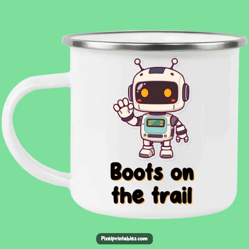 Adventure-Ready Funny Pixel Robot Camping Mug: Retro Bot Cup, Perfect Gift