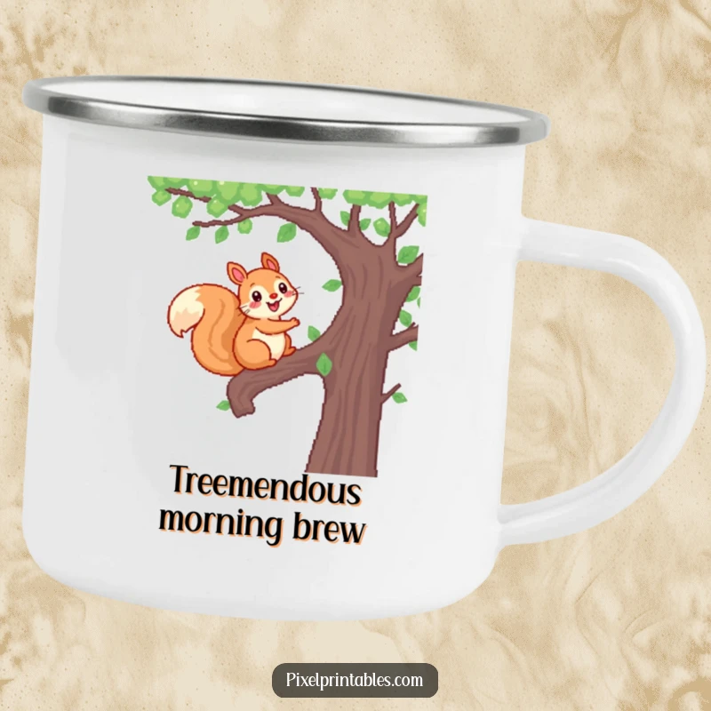Funny Pixel Squirrel Camping Mug featuring a cheerful, pixelated squirrel climbing a pixelated tree, perfect for enjoying drinks outdoors.
