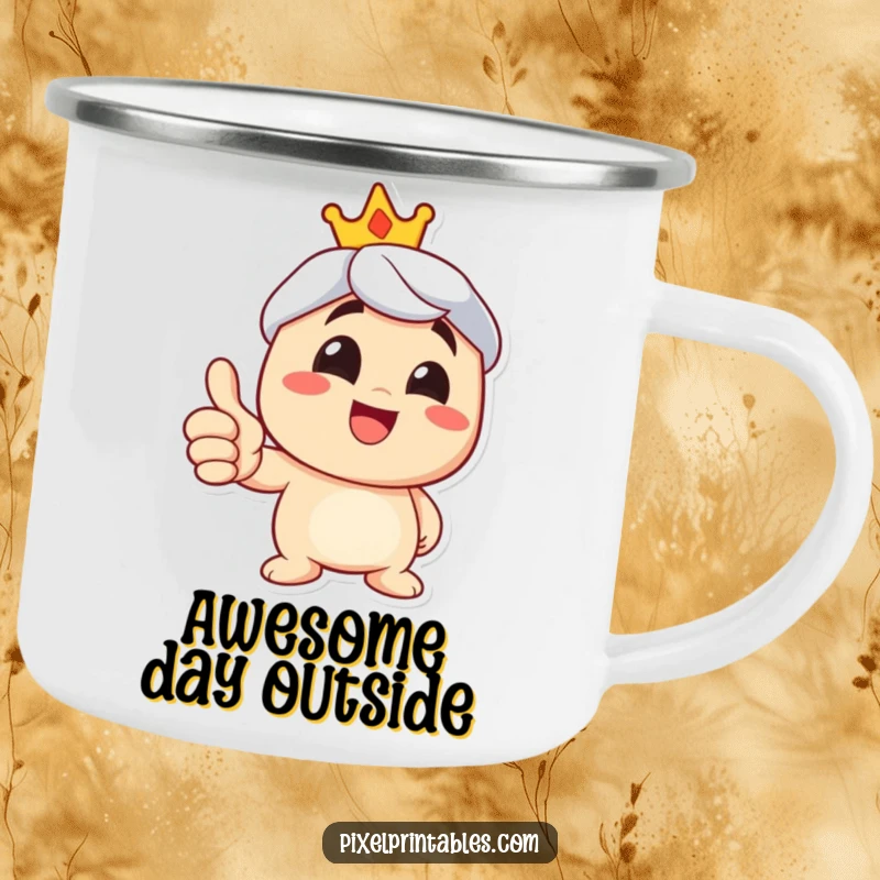 Funny thumbs up camping mug featuring a happy character with a wide grin, ideal for outdoor enthusiasts.