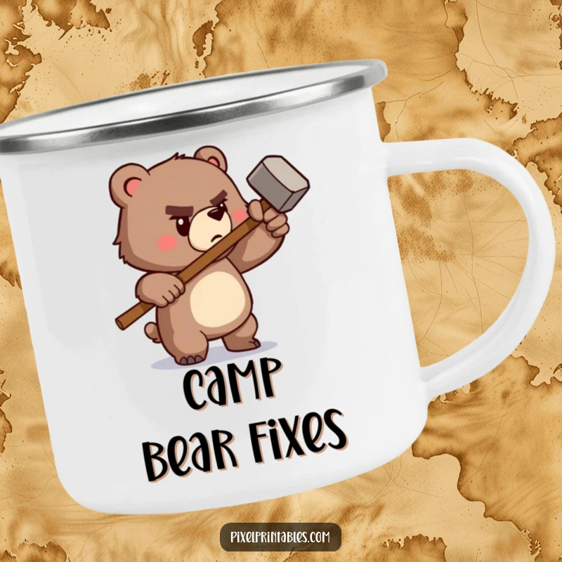 Funny camping mug featuring a determined pixelated bear wielding a tiny pixelated hammer, perfect for retro-themed outdoor enjoyment.
