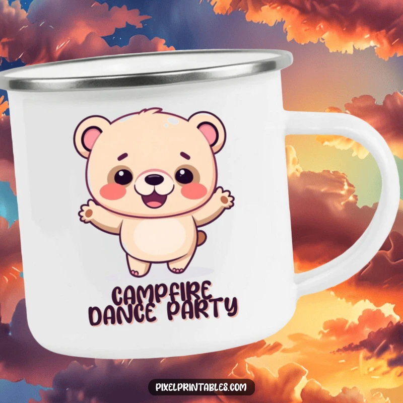 Funny pixel bear camping mug with a giggling pixelated bear doing a silly dance, for outdoor dance breaks.