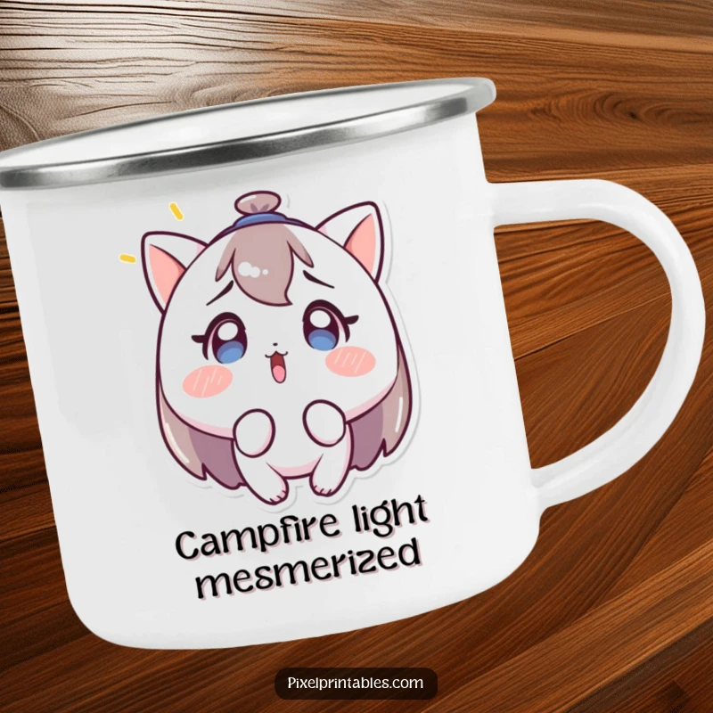 Funny camping mug featuring a character looking surprised at a blinking light, perfect for enjoying beverages during outdoor adventures.