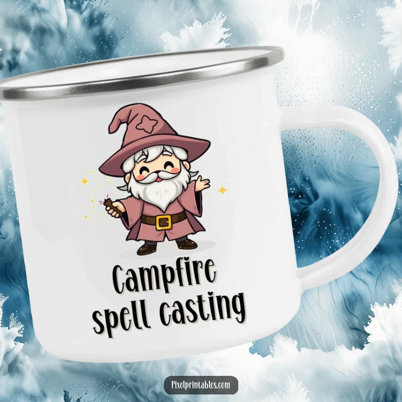 Funny blocky wizard character casting a sparkly spell, sturdy camping mug, retro fantasy outdoor.