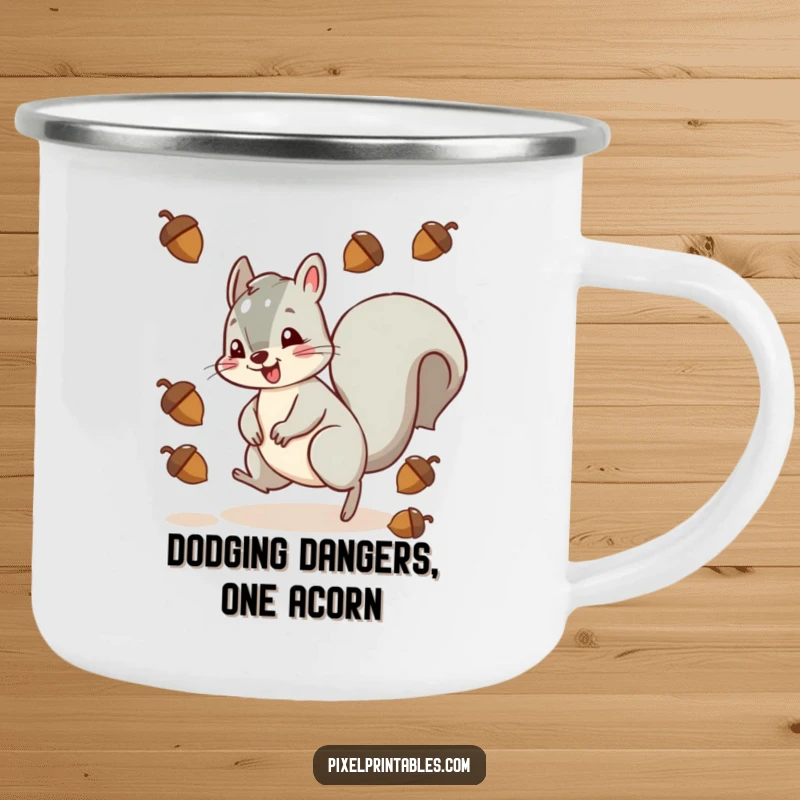 Funny squirrel character dodging pixelated acorns, designed for a durable and humorous camping mug.