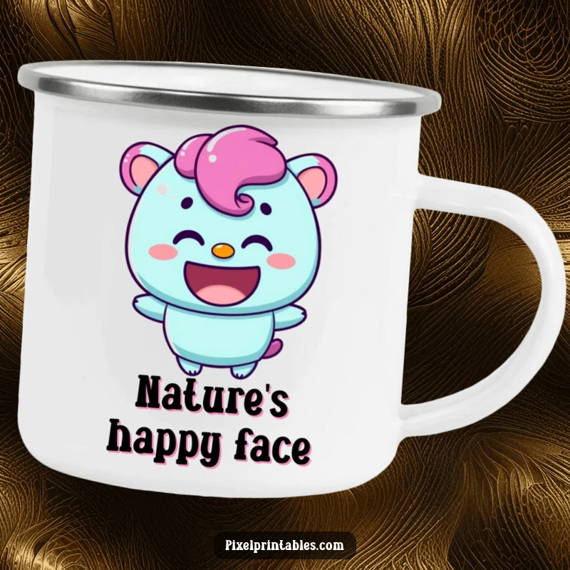 Funny camping mug with a content pixelated character sharing a warm smile, ideal for outdoor enjoyment and positivity.