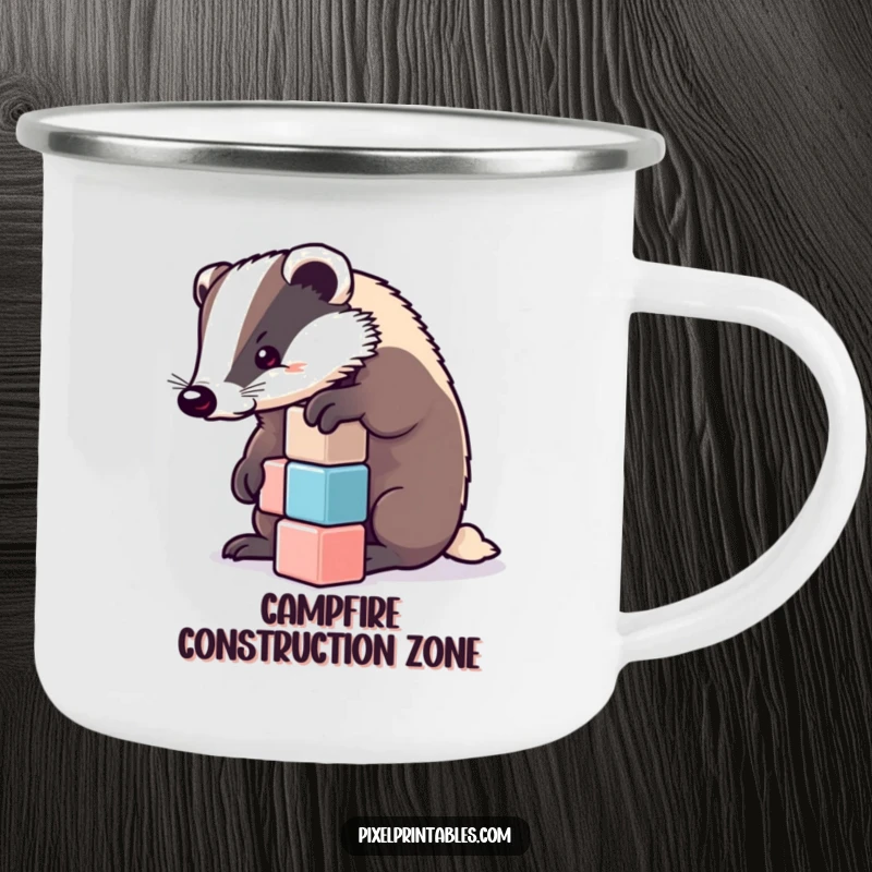 Funny badger stacking pixelated cubes, enamel camping mug. Perfect funny gift for outdoor enthusiasts.