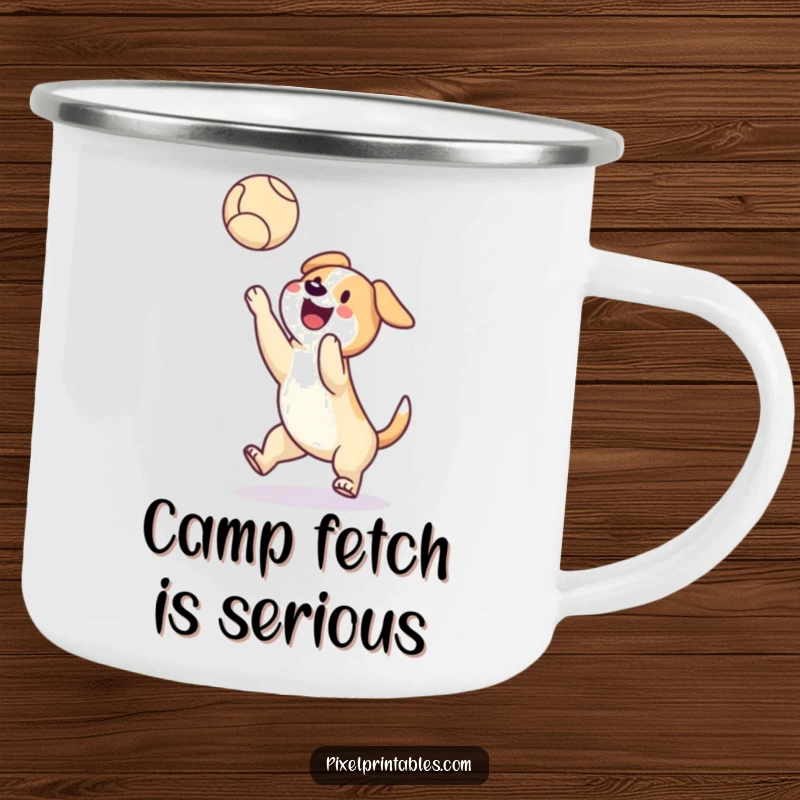 Funny enamel camping mug featuring a happy pixelated dog catching a pixelated ball mid-air, ideal for humorous outdoor gaming enjoyment.