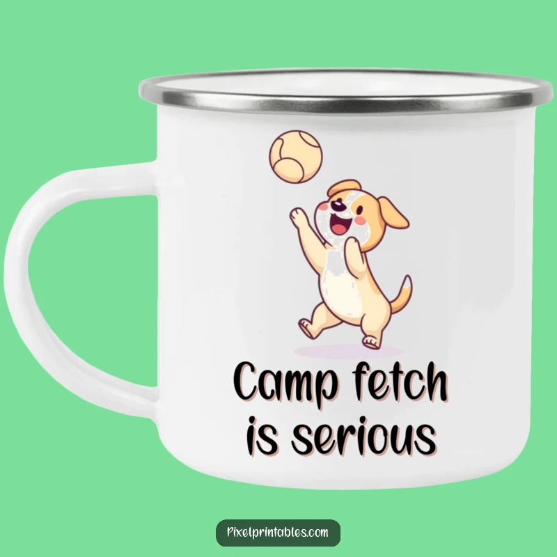 Funny Enamel Camping Mug: Pixel Dog Ball Catch, Retro Outdoor Gift!