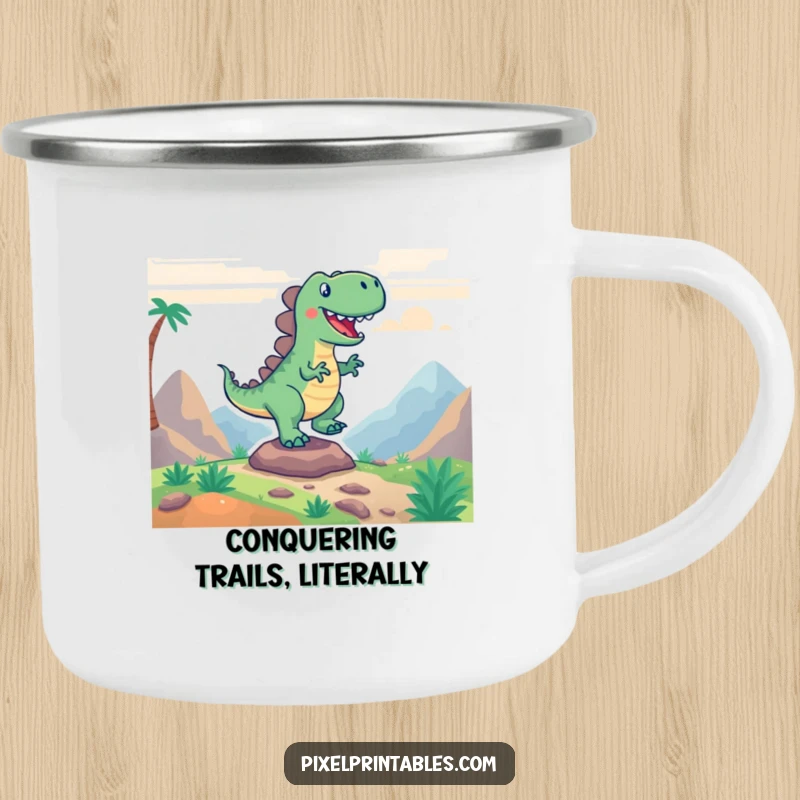 Funny metal camping mug featuring an excited pixelated dinosaur stomping, ideal for outdoor adventures.
